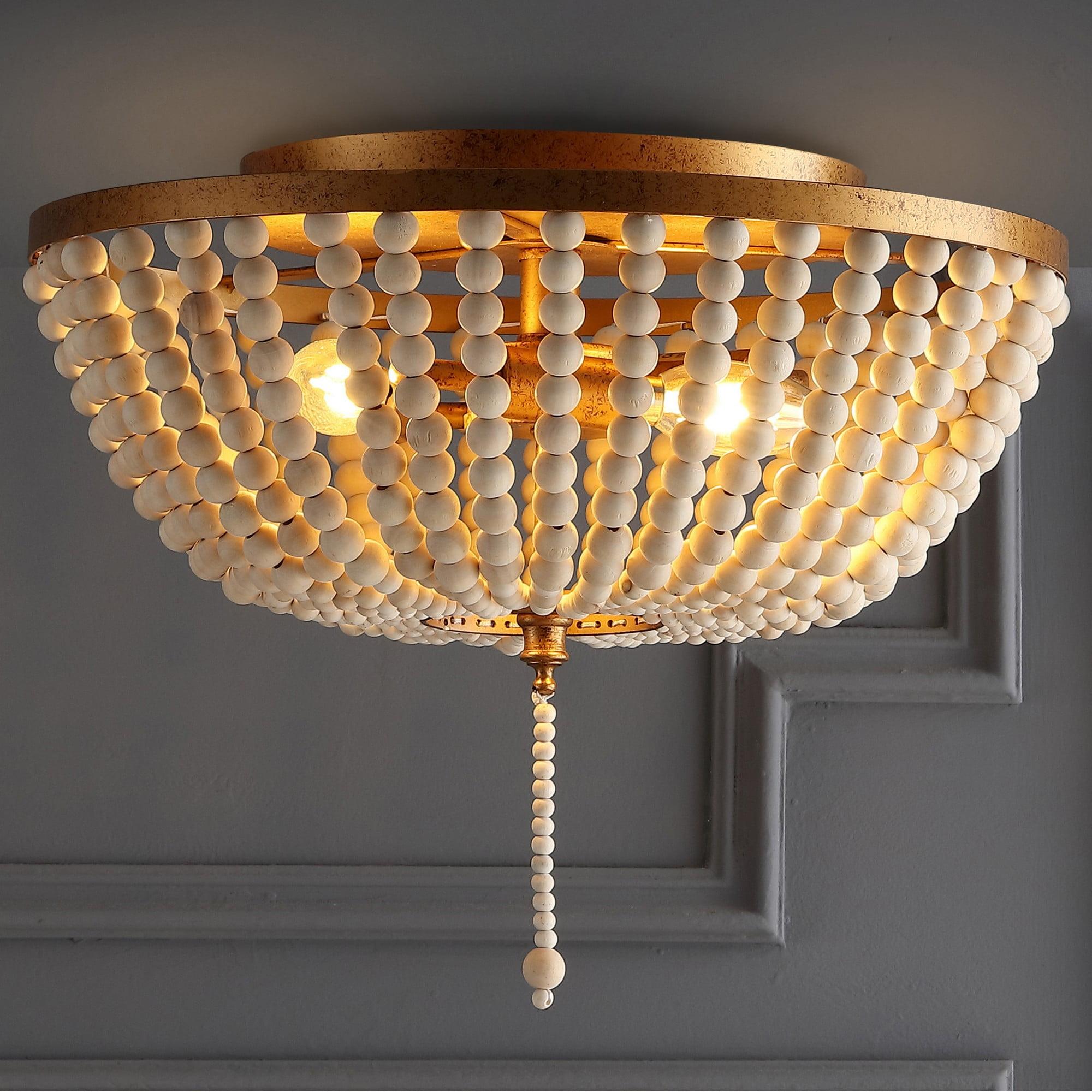 Allison Transitional 15" Antique Gold LED Flush Mount with Wood Beads