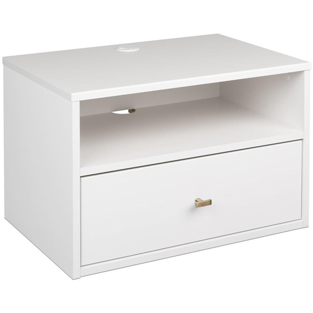 Prepac Floating 1 Drawer Nightstand with Open Shelf White: Modern Wall-Mounted Bedside Furniture with Cable Management & Metal Glides