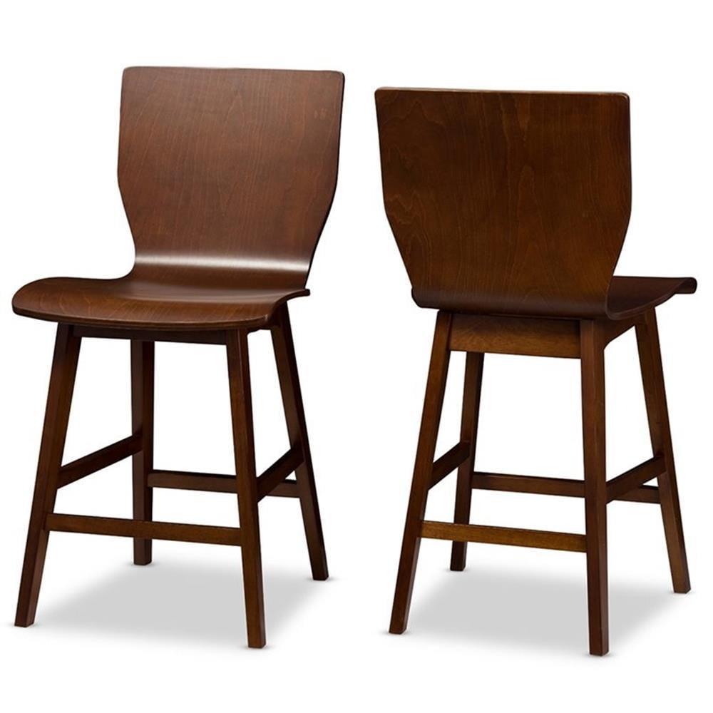 Set of 2 Elsa Mid - Century Modern Scandinavian Style Bent Wood Counter Height Barstool - "Walnut" Dark Brown - Baxton Studio