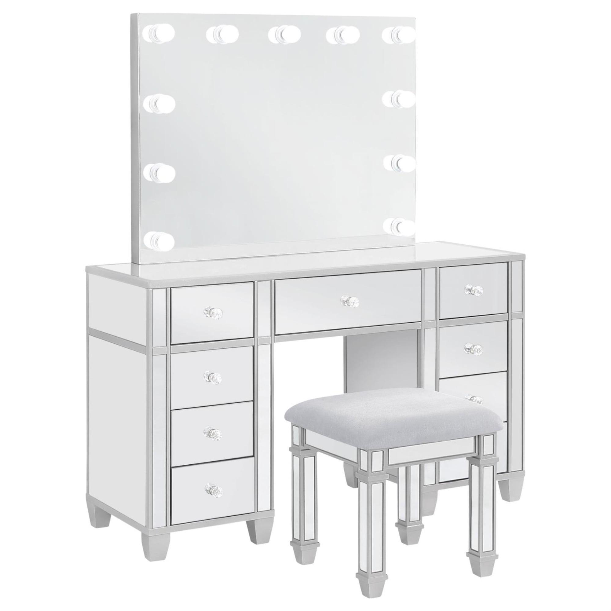 Allora Silver Mirrored Vanity Set with Bench and Hollywood Lighting