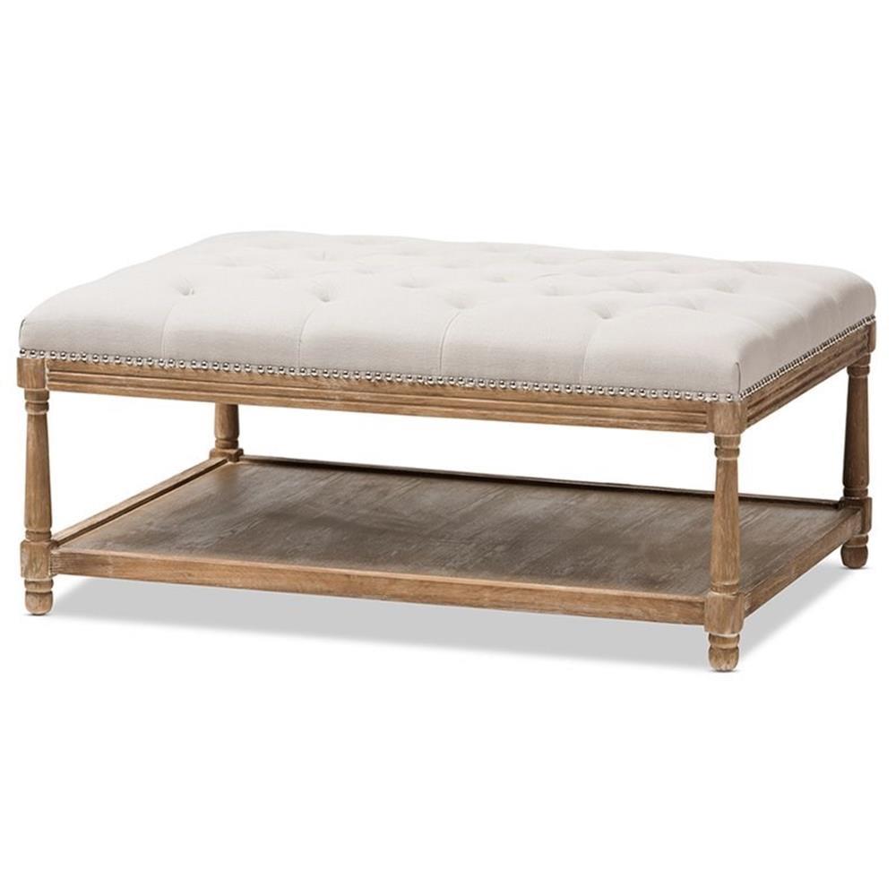Carlotta French Country Weathered Oak Linen Rectangular Coffee Table Ottoman Beige - Baxton Studio: Elegant Tufted Design, Storage Shelf