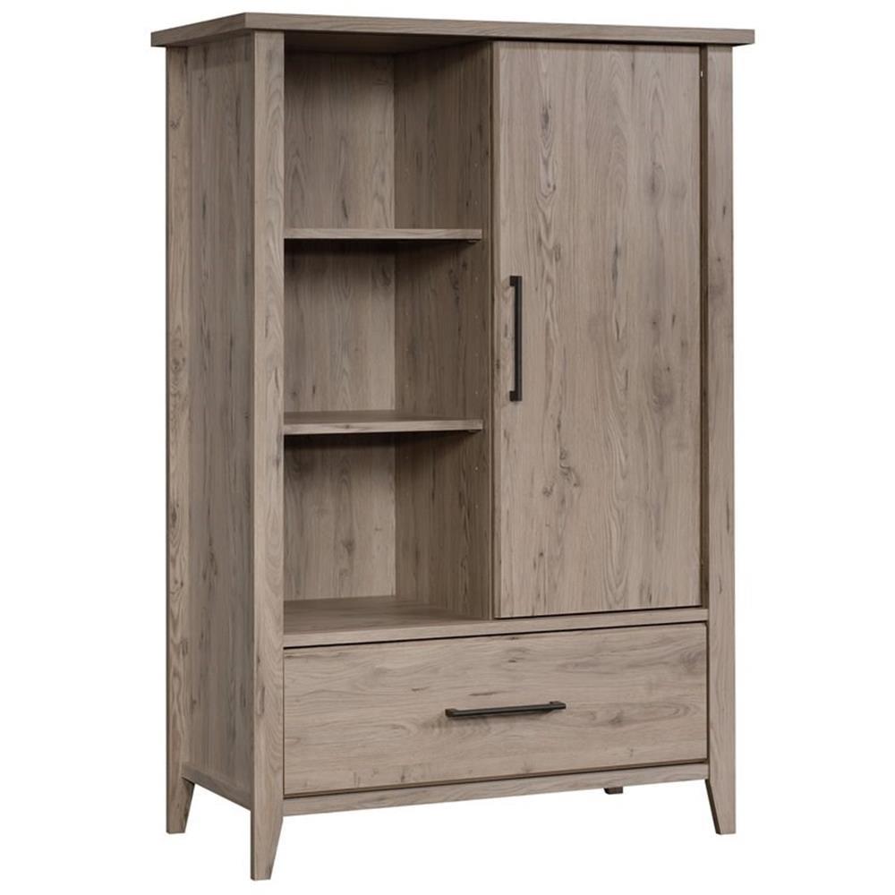 Laurel Oak Sliding Door Wood Armoire with Shelves and Drawer