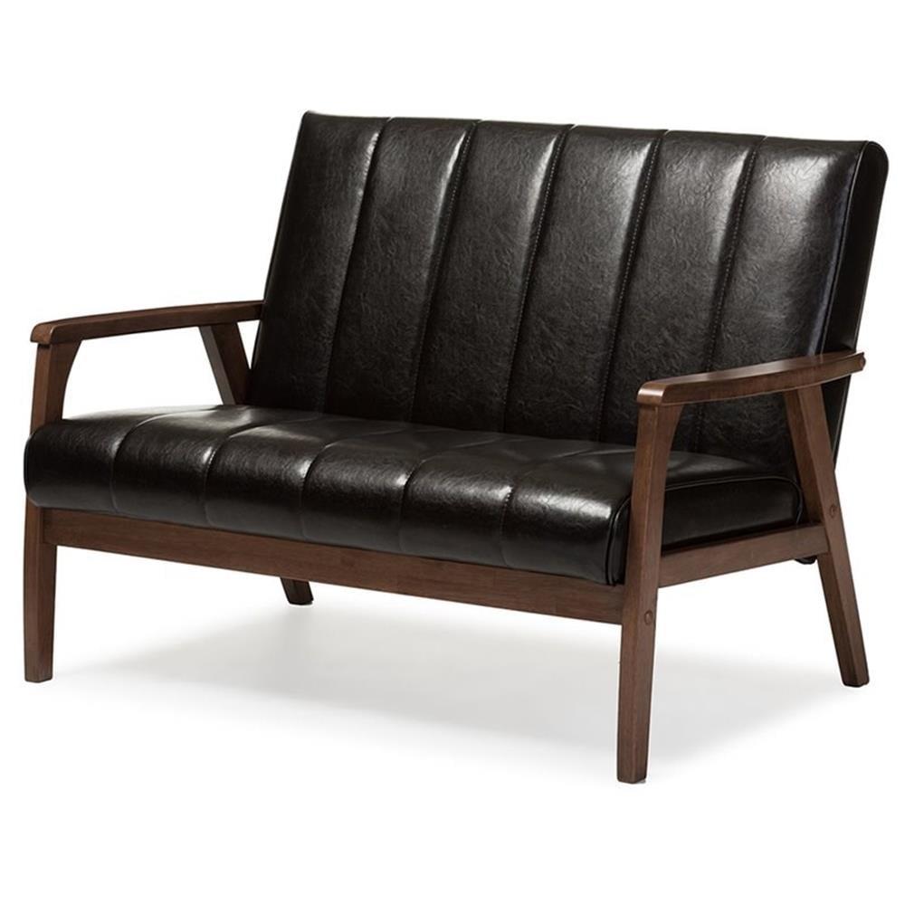 Nikko Mid-Century Modern Scandinavian Style Faux Leather Wooden 2 Seater Loveseat Dark Brown - Baxton Studio: Compact, Rubberwood Frame, Easy to Clean