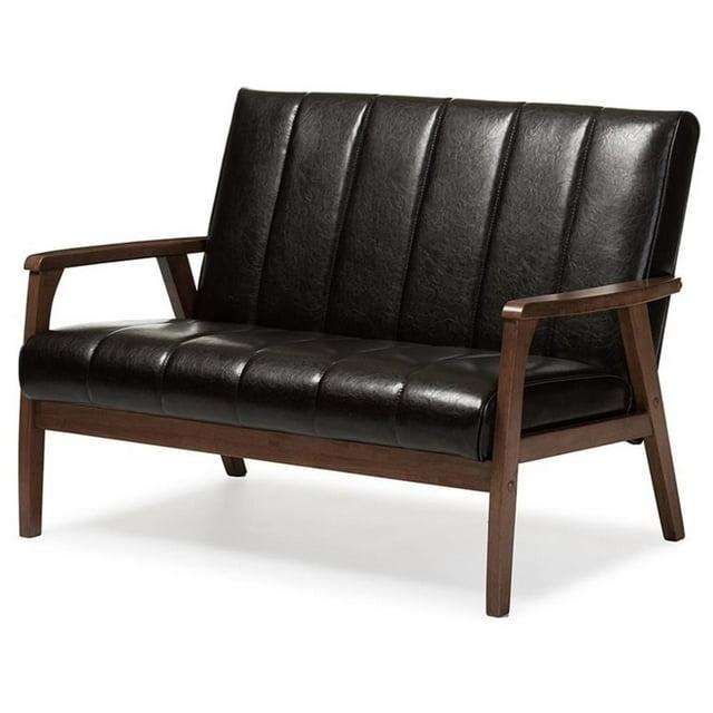 Nikko Mid-Century Modern Scandinavian Style Faux Leather Wooden 2 Seater Loveseat Dark Brown - Baxton Studio: Compact, Rubberwood Frame, Easy to Clean