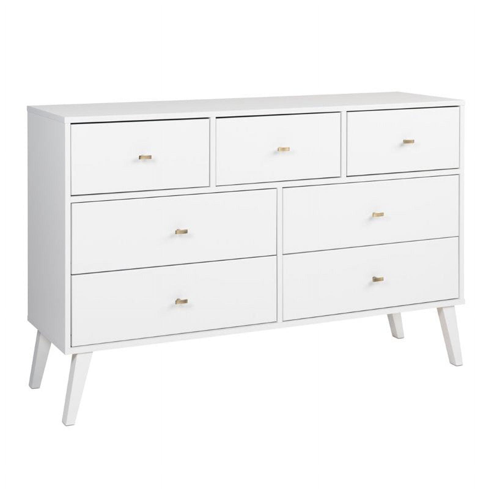 Sleek White Mid-Century Modern 7-Drawer Dresser with Brass Knobs