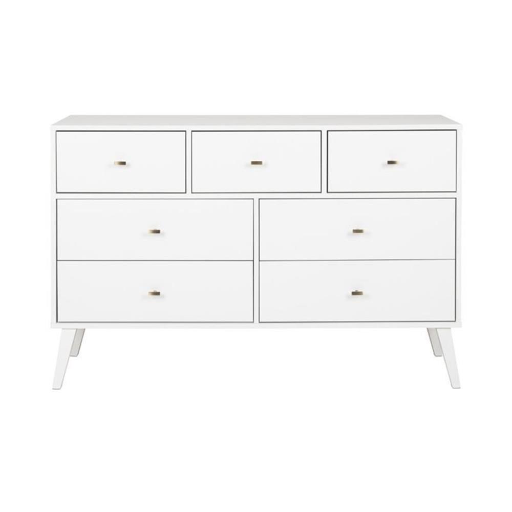 Sleek White Mid-Century Modern 7-Drawer Dresser with Brass Knobs