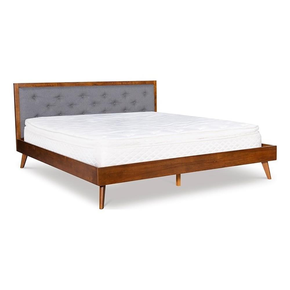 King Reid Mid-Century Platform Bed in Walnut Finish with Tufted Headboard in Gray Fabric - Linon: Upholstered Polyester, No Box Spring Needed