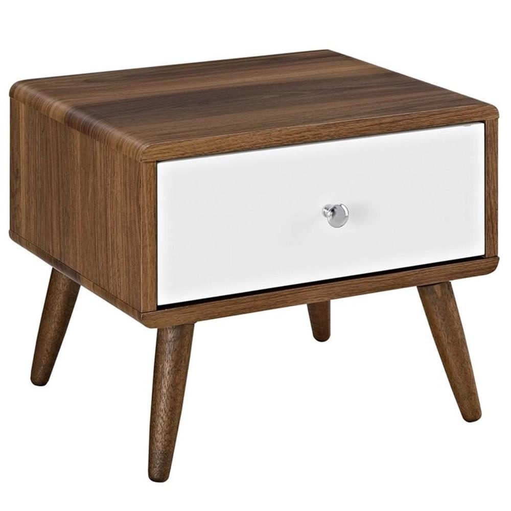 Walnut and White Mid-Century Modern Nightstand with Tapered Legs