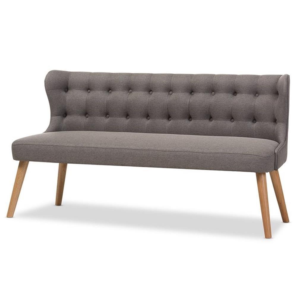 Melody Mid-Century Modern Fabric and Natural Wood Finishing 3 Seater Settee Bench Gray - Baxton Studio: Rubberwood Legs, Button-Tufted Back