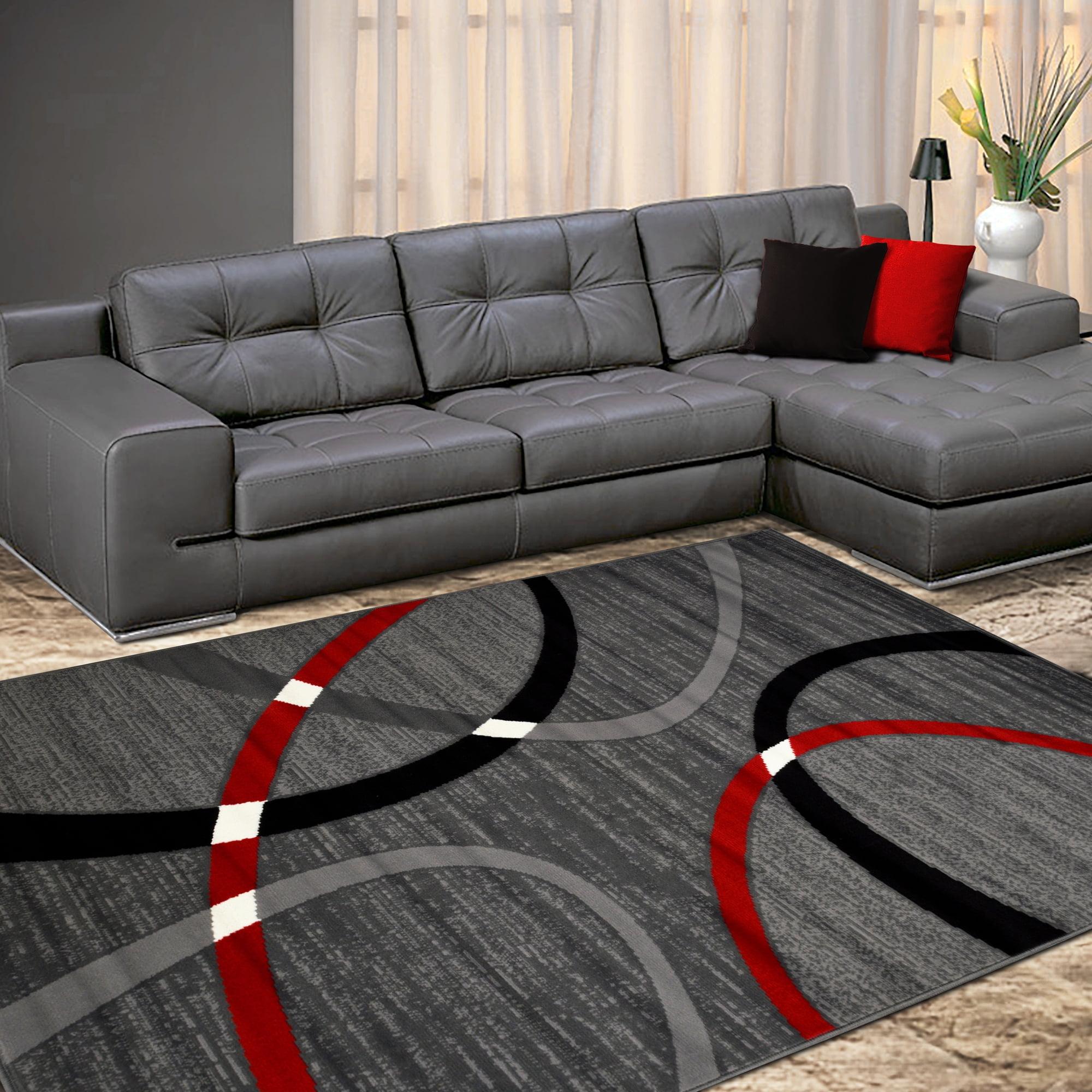 Red and Gray Abstract Synthetic Stain-Resistant Area Rug 5' x 8'