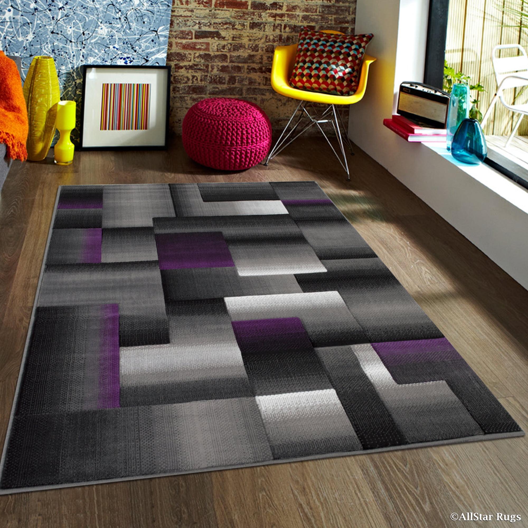 Gray and Purple Geometric 5' x 7' Stain-Resistant Area Rug