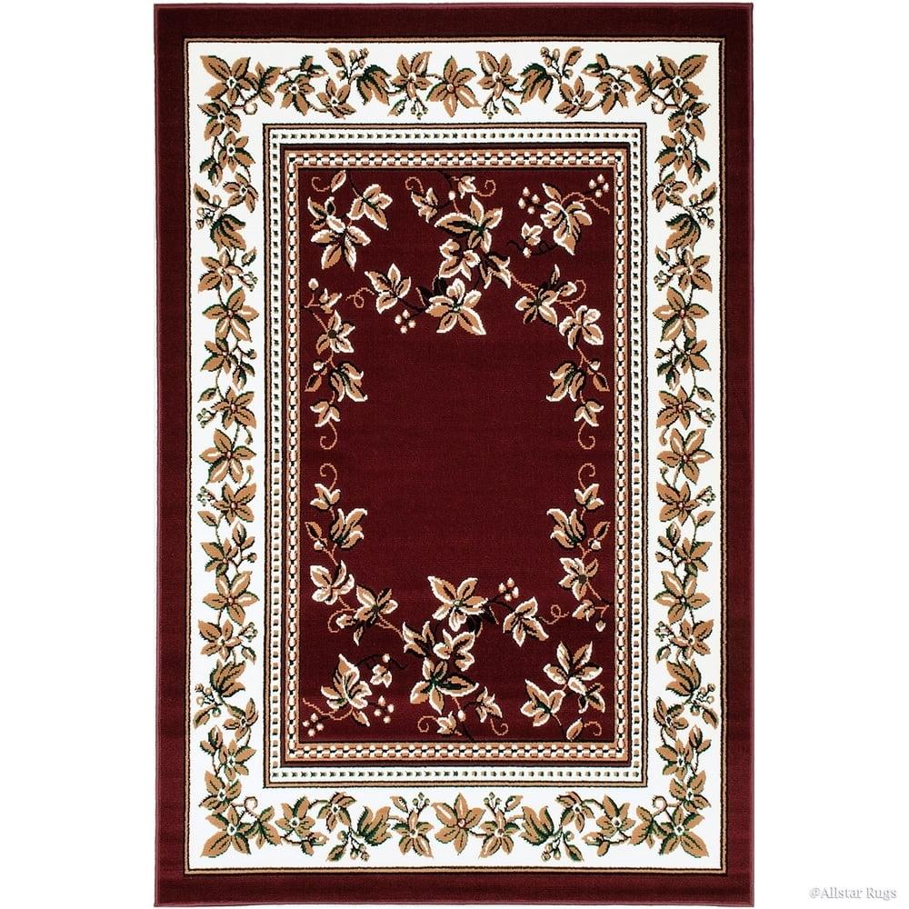 Burgundy Floral Rectangular Stain-Resistant Synthetic Area Rug