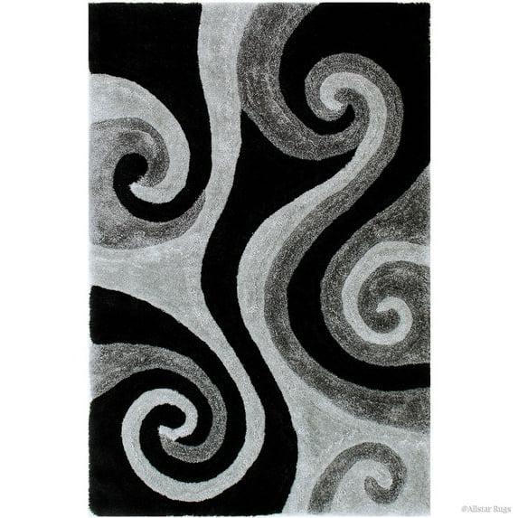 Allstar Alfombra de Área Peluda Gris con Diseño en Espiral Negro 3D. Contemporáneo Formal Capitoné a Mano (5' x 7')