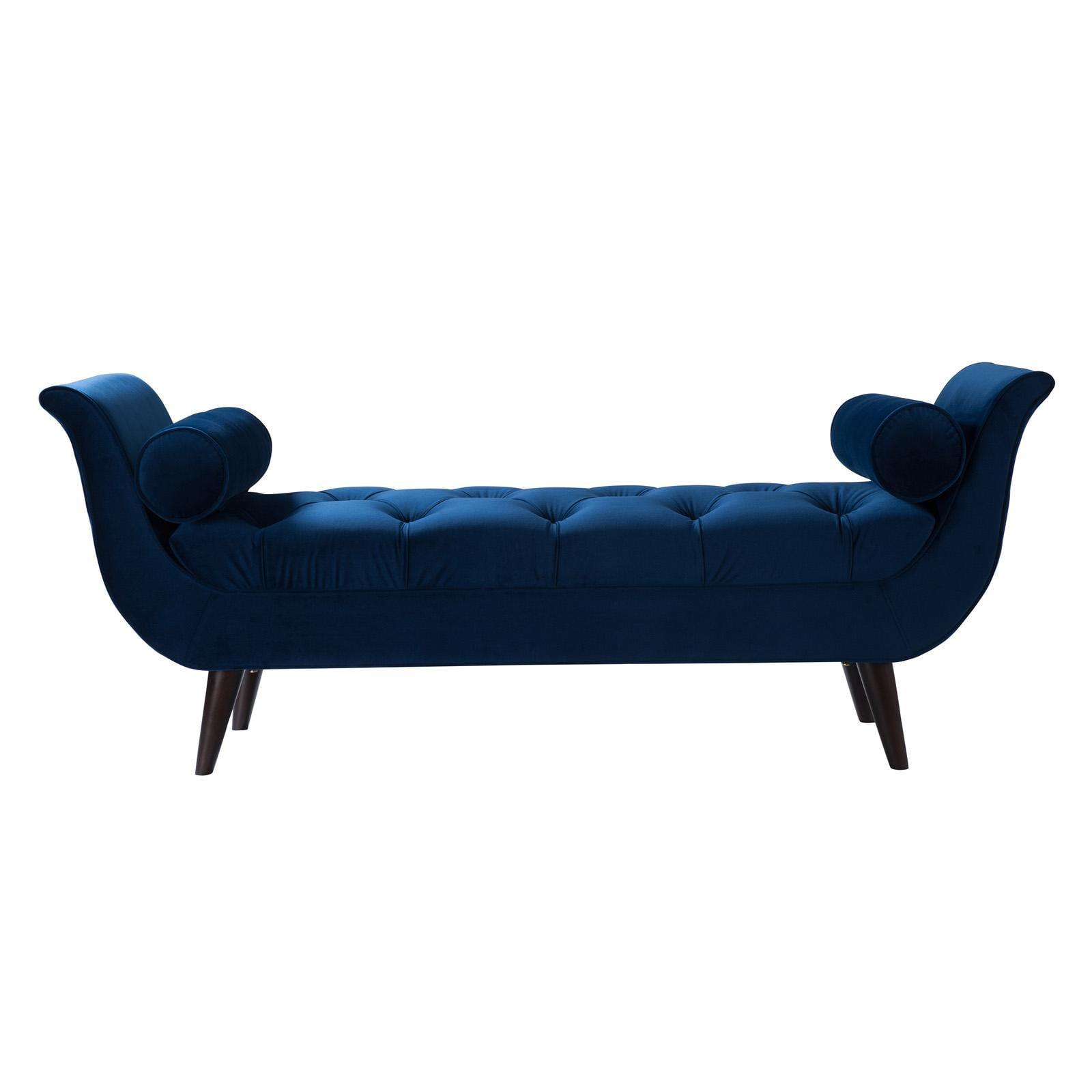 Navy Blue Velvet Mahogany Finish Mid-Century Bedroom Bench