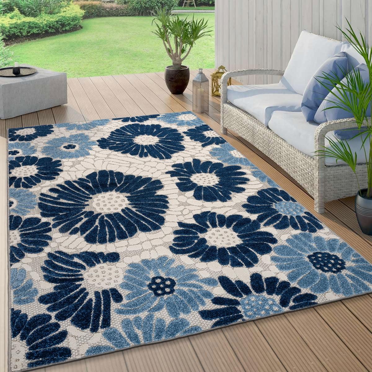 Navy Floral Synthetic 5' x 7' Reversible Area Rug