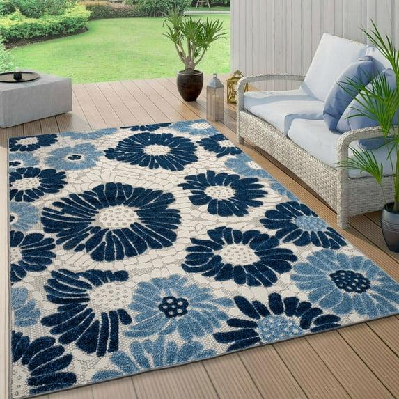 World Rug Gallery Palermo Modern Floral Indoor/Outdoor Area Rug - Navy 5' x 7':  Weather-Resistant,  Low Pile,  Botanical Pattern