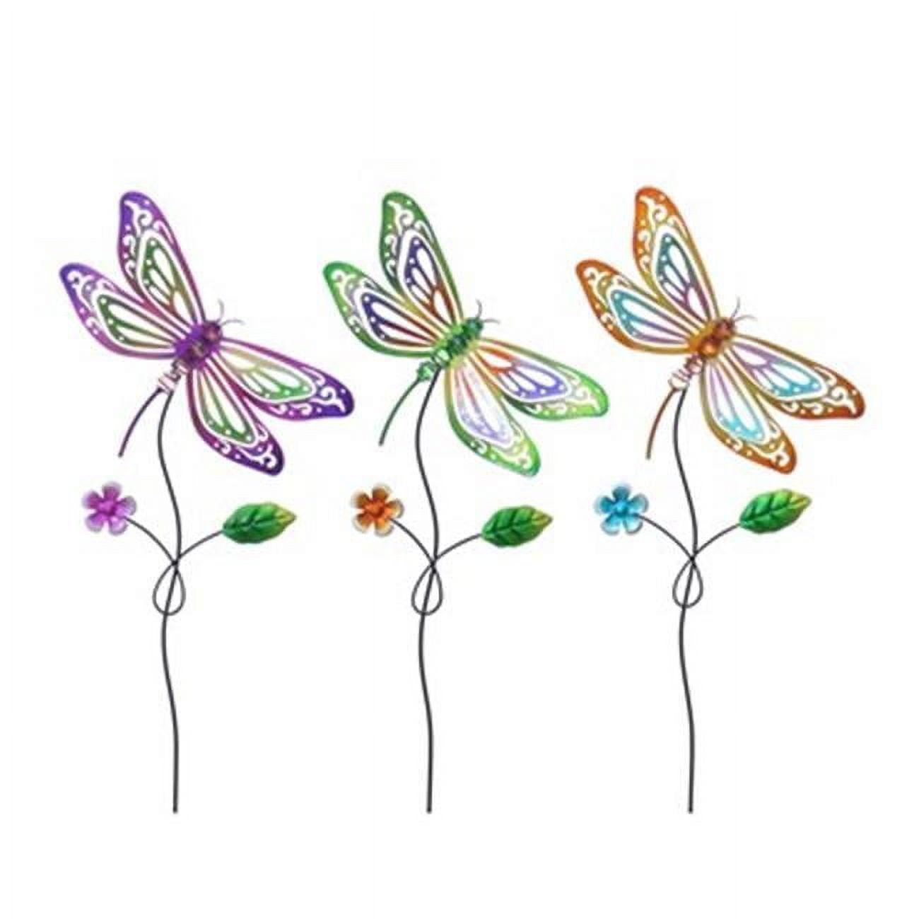 Colorful Metal Dragonfly Garden Stakes with Floral Accents