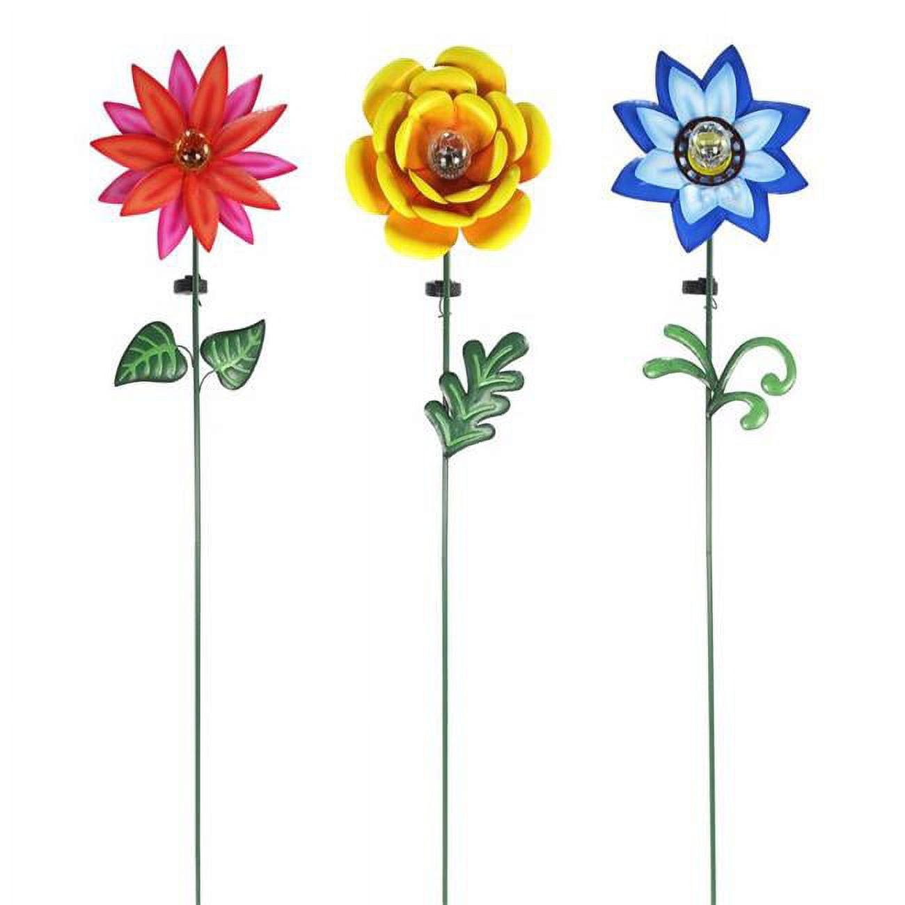 60" Multicolor Glass and Metal Flower Solar Garden Stakes, Set of 3