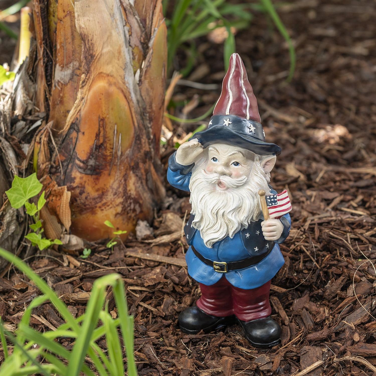 Alpine Corporation 12" Tall Outdoor Patriotic Garden Gnome Saluting Yard Statue Decoration C27