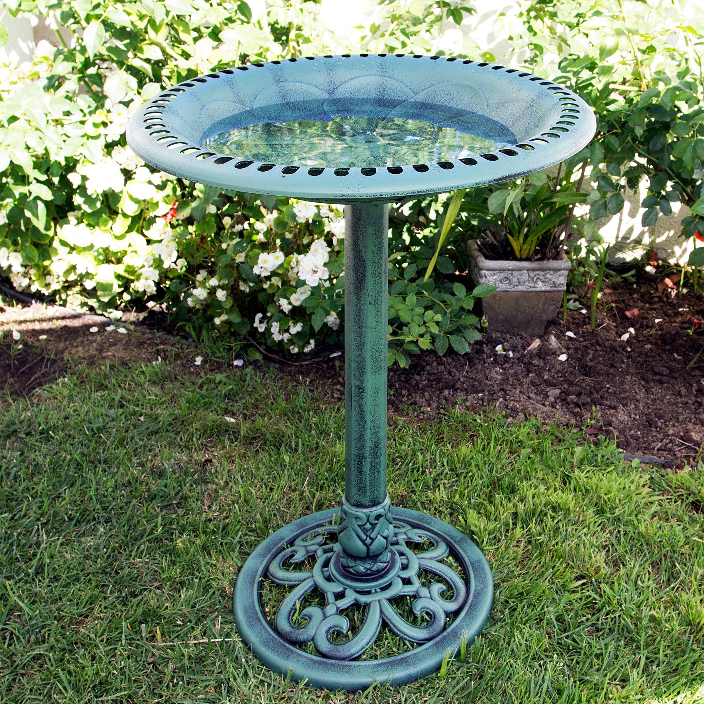 Green Plastic Scrollwork Bird Bath with Stand