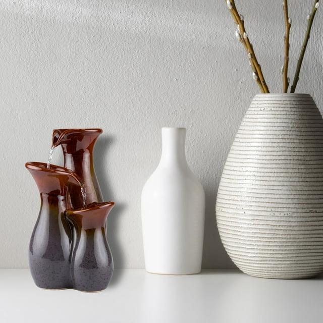 Alpine Corporation 11"H Indoor Tiered Glossy Ceramic Vase Tabletop Fountain, Brown/Gray