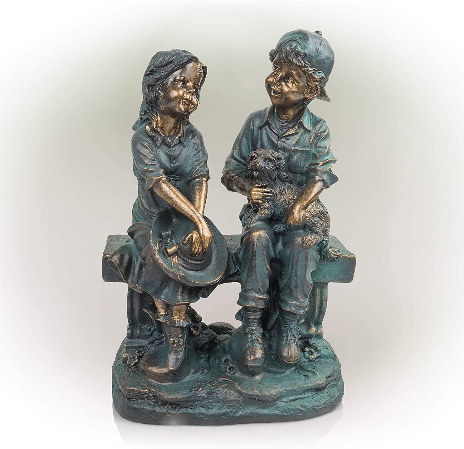 Alpine Corporation 16" Polyresin Girl and Boy with Dog Sitting on Bench Sculpture Bronze: Durable Outdoor Decor, Magnesium Oxide, Rust-Resistant
