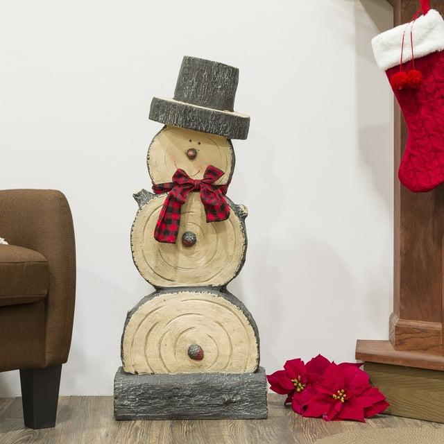 Alpine Corporation 16" x 9" x 38" Wooden Snowman Holiday Statue, Brown/Tan