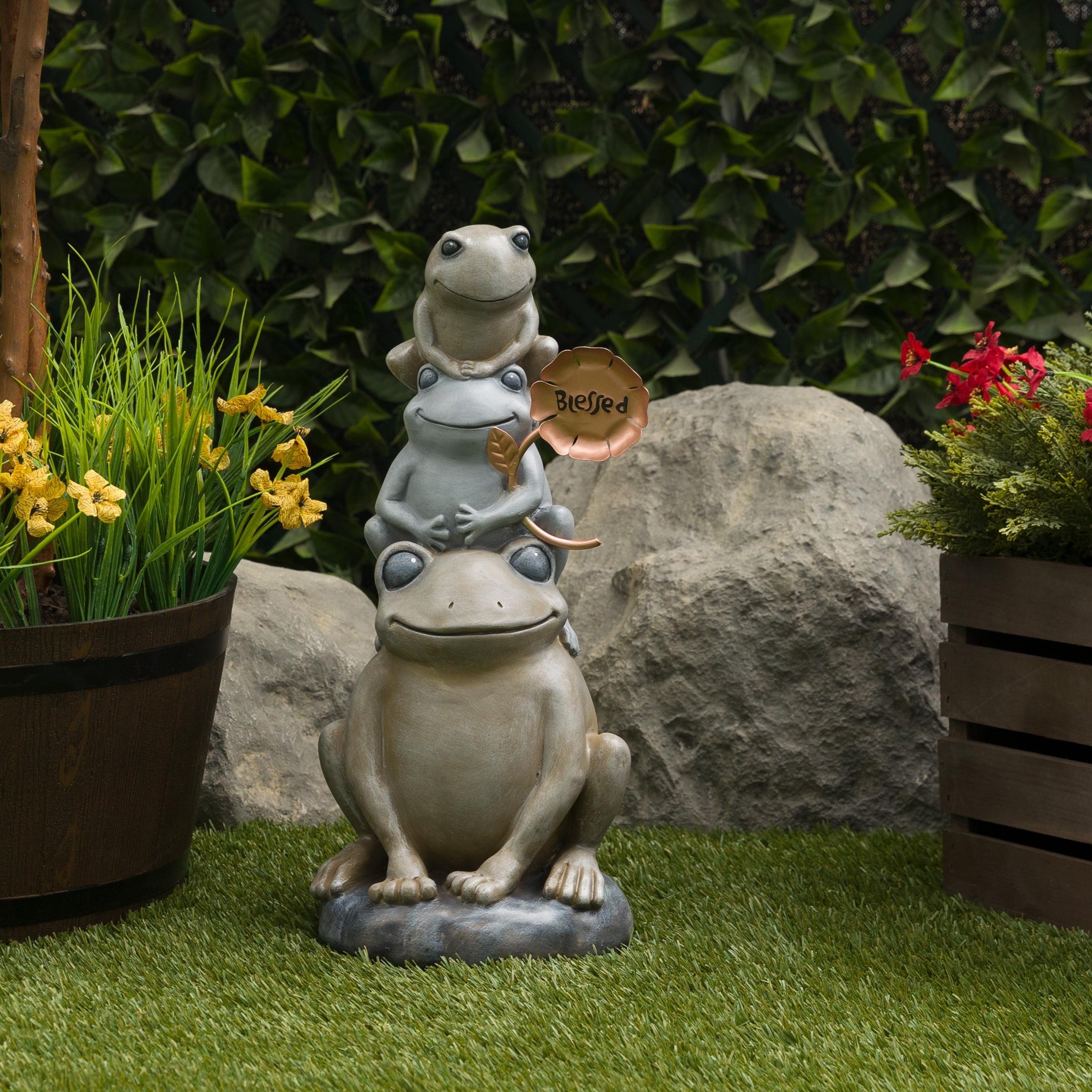 18" Polyresin Stacked Frogs with Flower Indoor/Outdoor Decorative Garden Statue Heathered Gray/Olive Green - Alpine Corporation