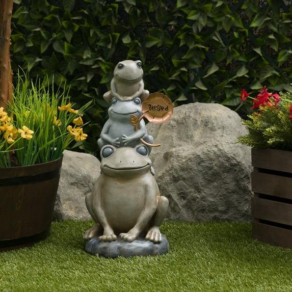 18" Polyresin Stacked Frogs with Flower Indoor/Outdoor Decorative Garden Statue Heathered Gray/Olive Green - Alpine Corporation