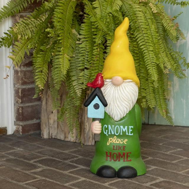 24" Magnesium Oxide "Gnome Place Like Home" Indoor/Outdoor Garden Gnome Statue Green/Yellow - Alpine Corporation