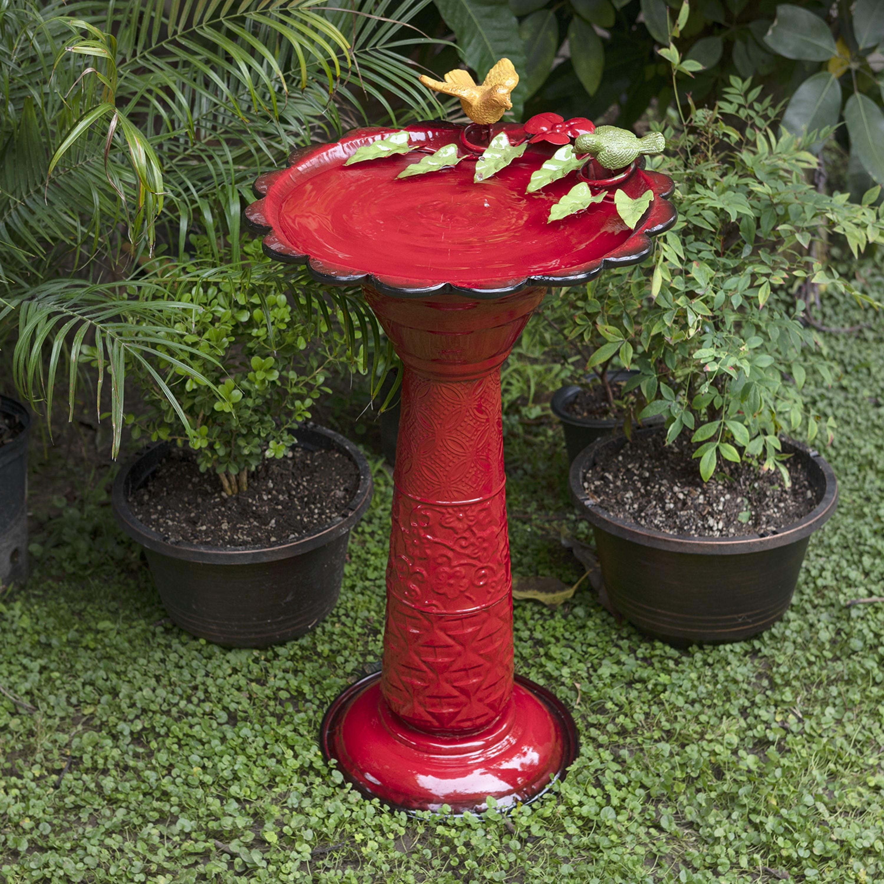 28" Metal Birdbath With Birds And Leaves - Red - Alpine Corporation