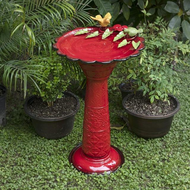28" Metal Birdbath With Birds And Leaves - Red - Alpine Corporation