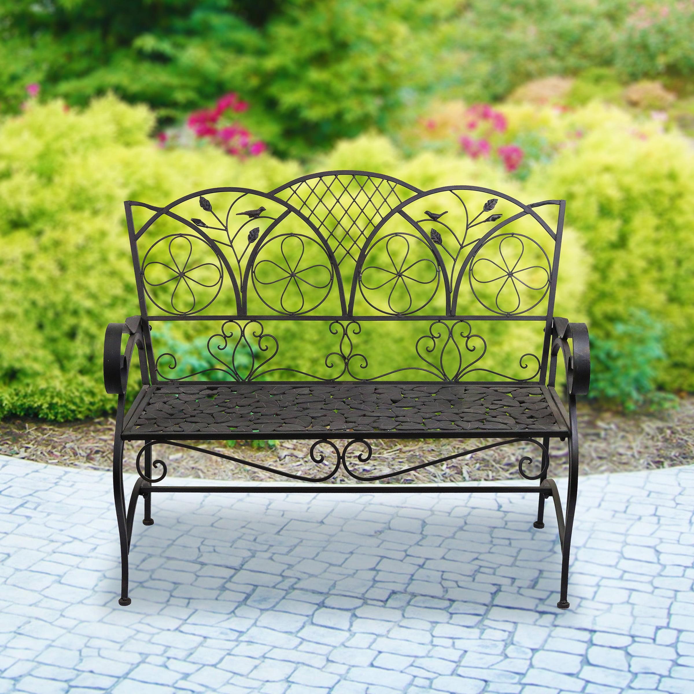 38" x 45" Iron Birds and Leaves Outdoor Garden Bench Brown - Alpine Corporation: Weatherproof, Decorative Yard Seating
