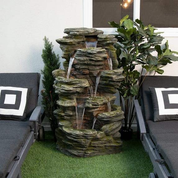 51" Resin Rock Cascading Fountain with LED Lights Gray - Alpine Corporation: Waterfall Feature, Birdbath