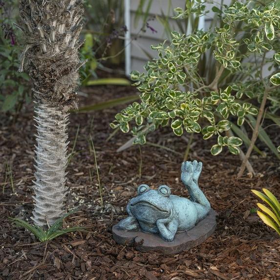 9" Magnesium Oxide Frog Laying Down Statue - Alpine Corporation: Zen Garden Decor, Outdoor Animal Sculpture