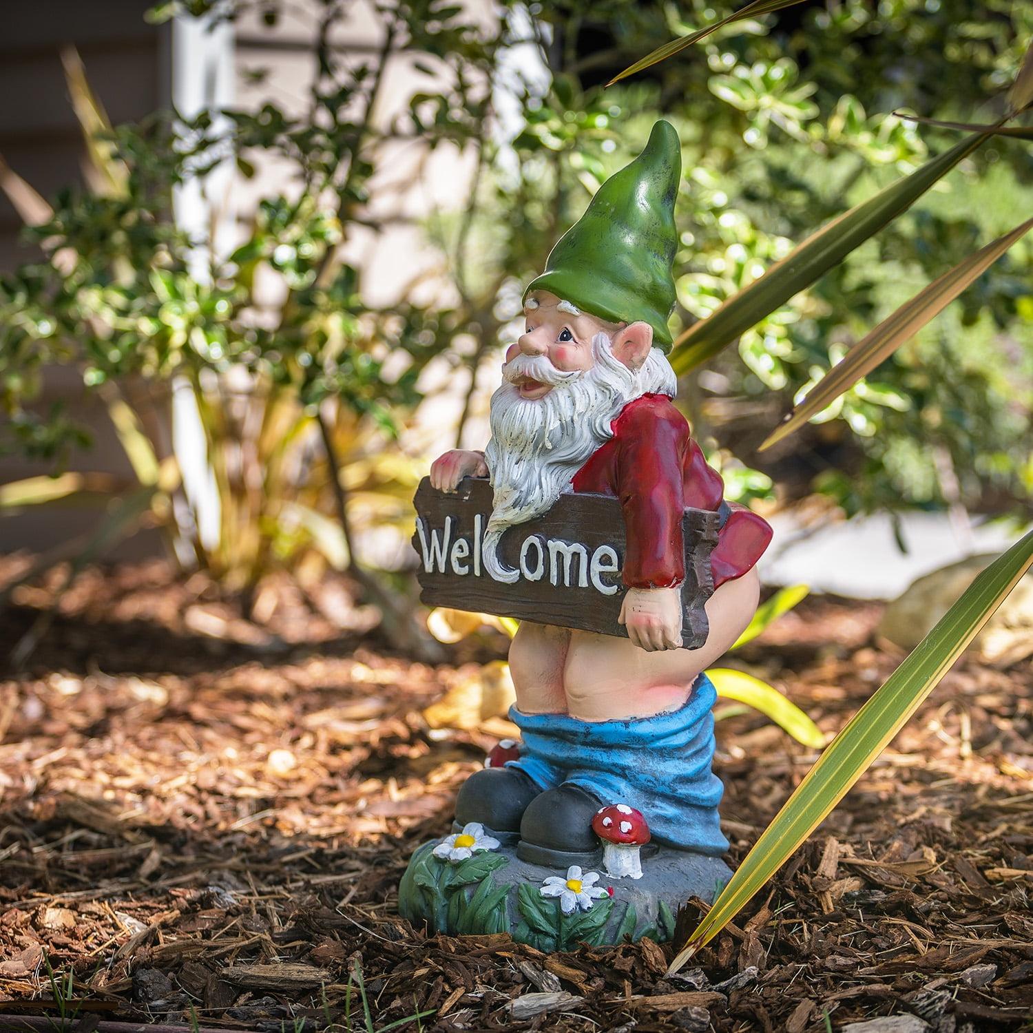 22"H Ceramic Outdoor Sculpture - Alpine Corporation: Garden Gnome with Welcome Sign, Mythical Decor