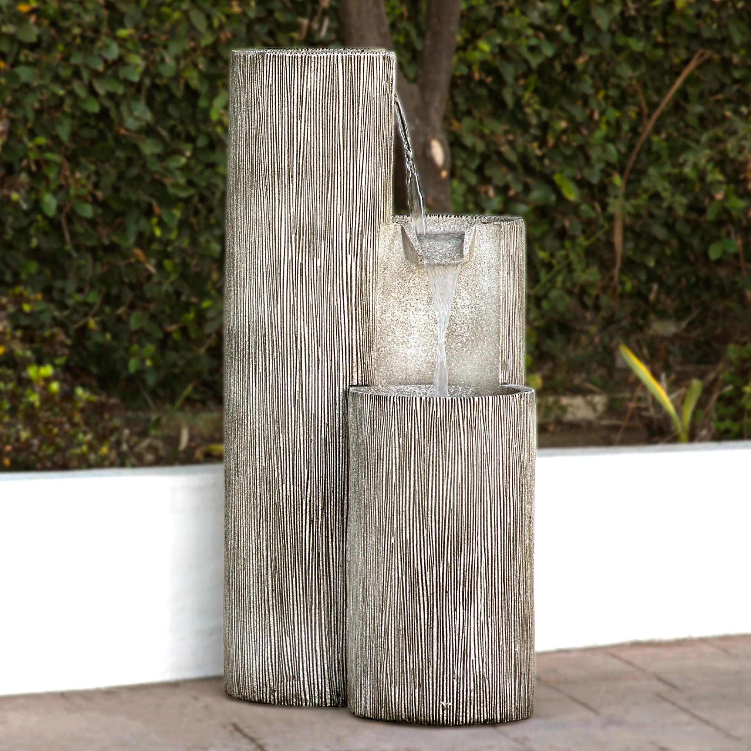 41" Resin Outdoor Tiering Column Zen Fountain with LED Lights Gray - Alpine Corporation