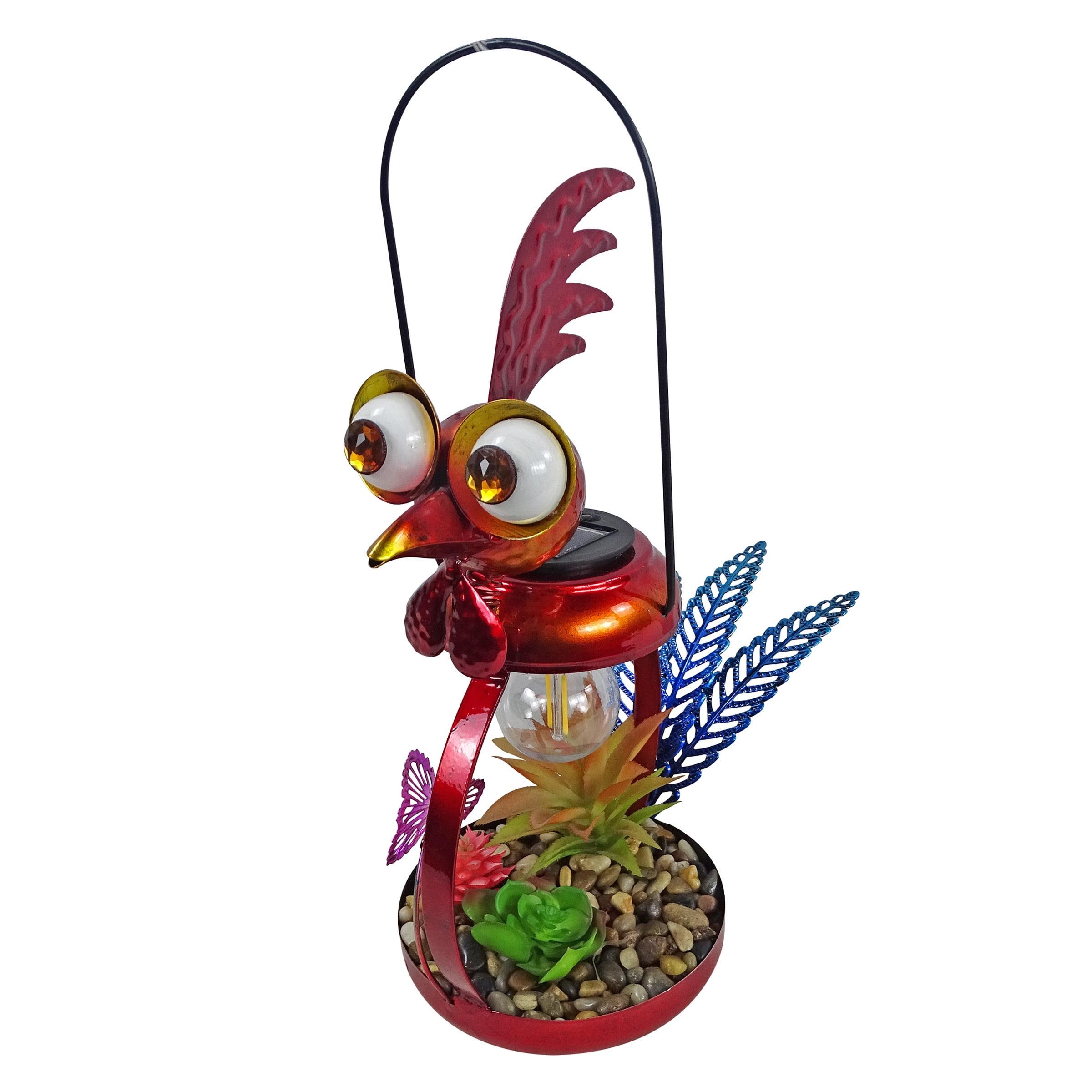 Solar Red Metal Rooster Garden Decor with LED Light