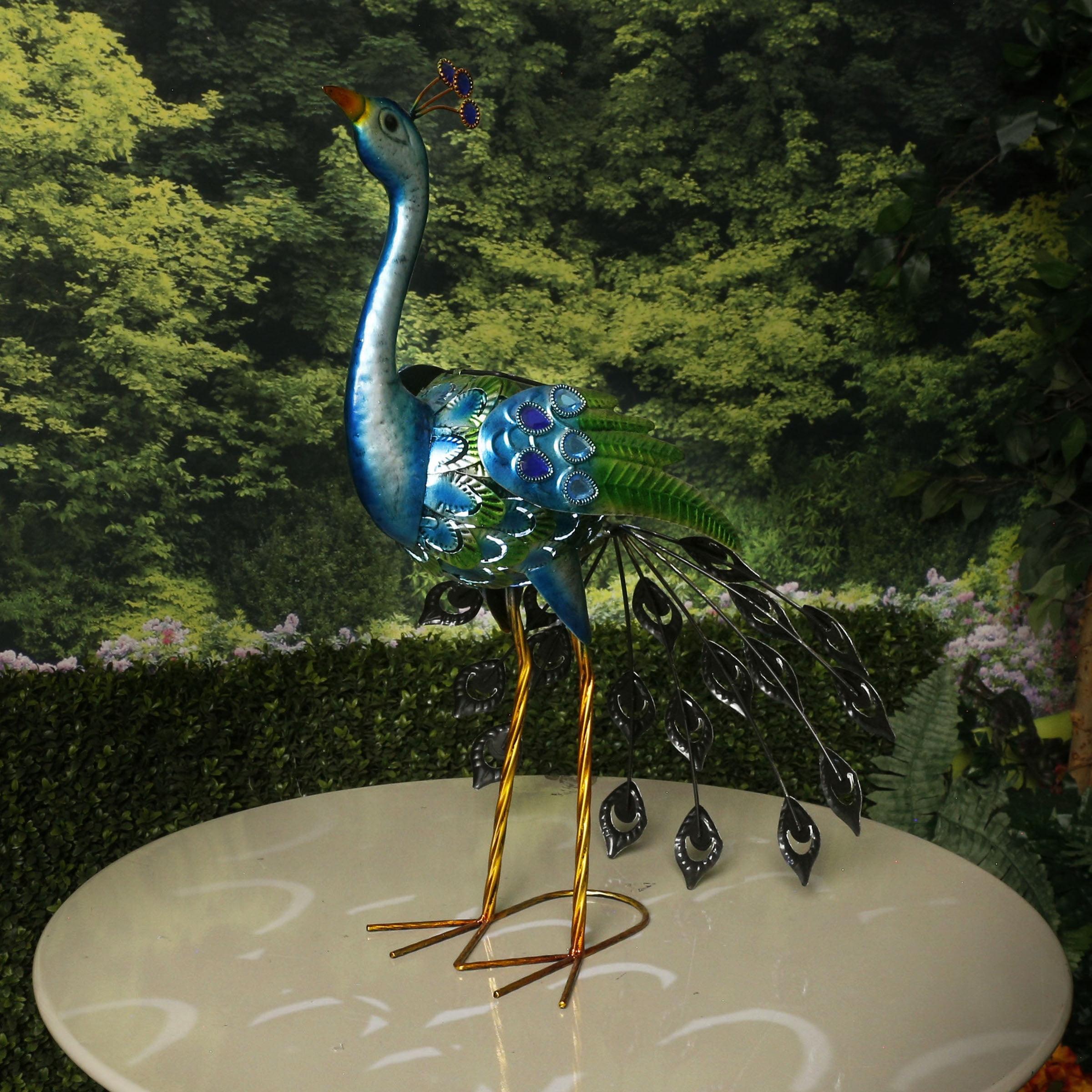 Alpine Corporation LED Solar Garden Peacock: Iron Sculpture, Outdoor Decor, 20" Height