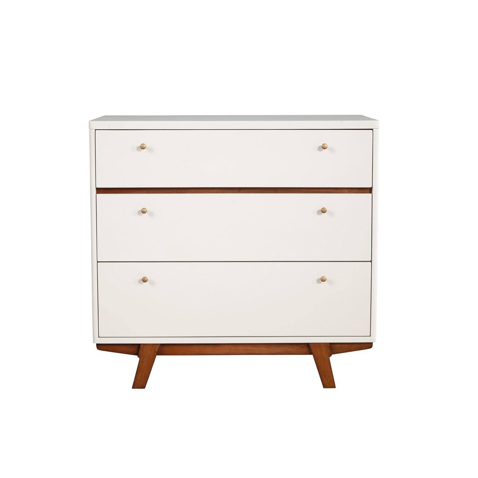 Dakota Mid-Century 3-Drawer White & Acorn Brown Chest