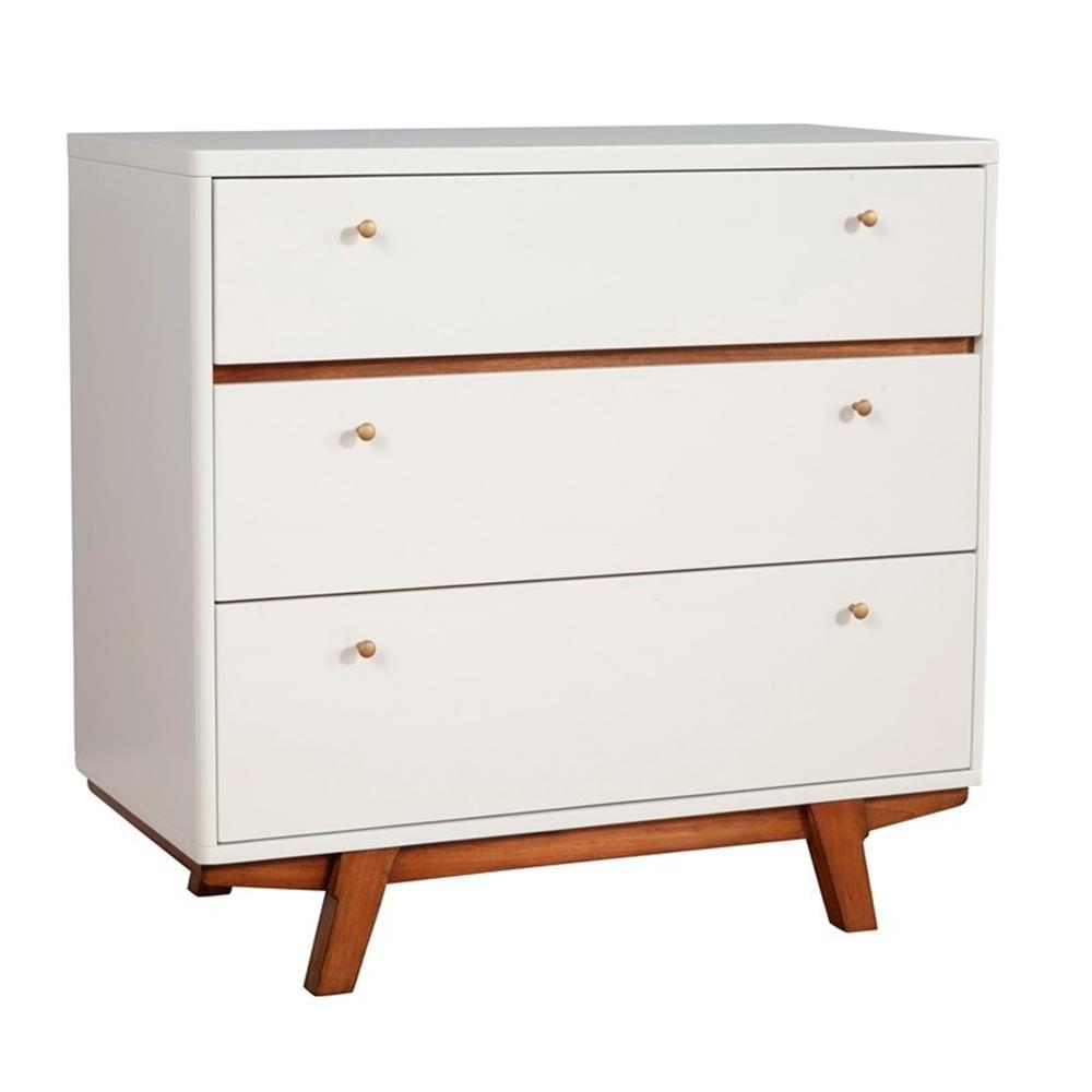 Dakota Mid-Century 3-Drawer White & Acorn Brown Chest