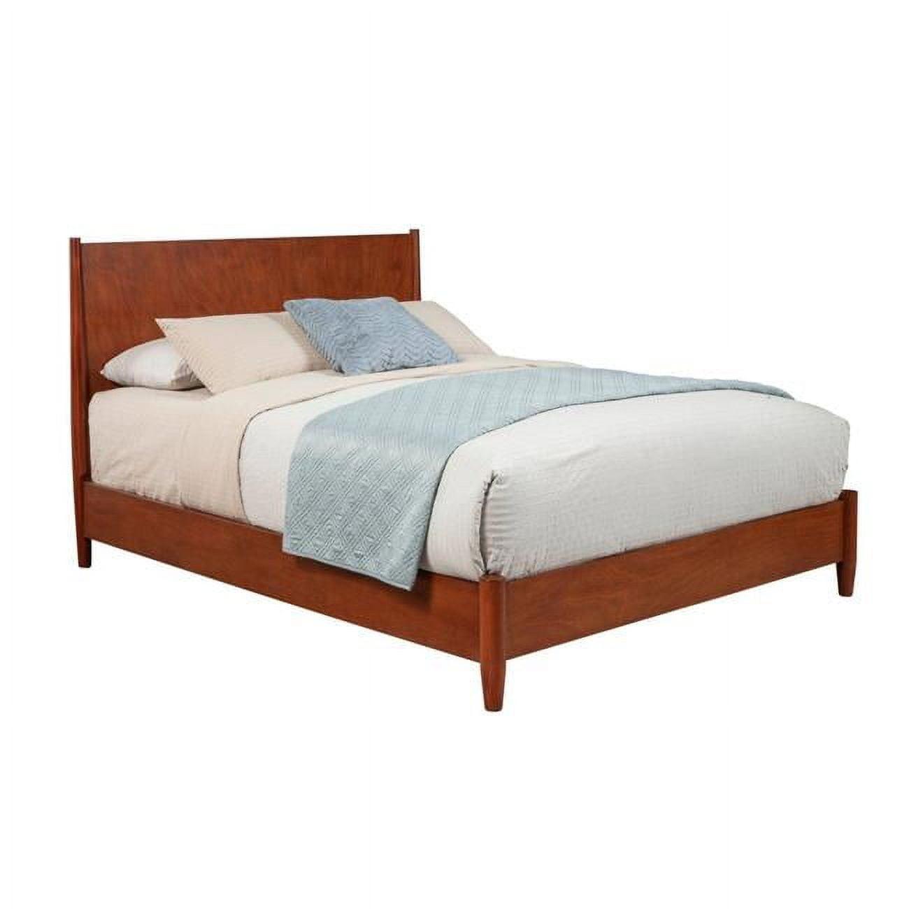 Transitional Mid-Century Queen Platform Bed with Drawer in Acorn Brown