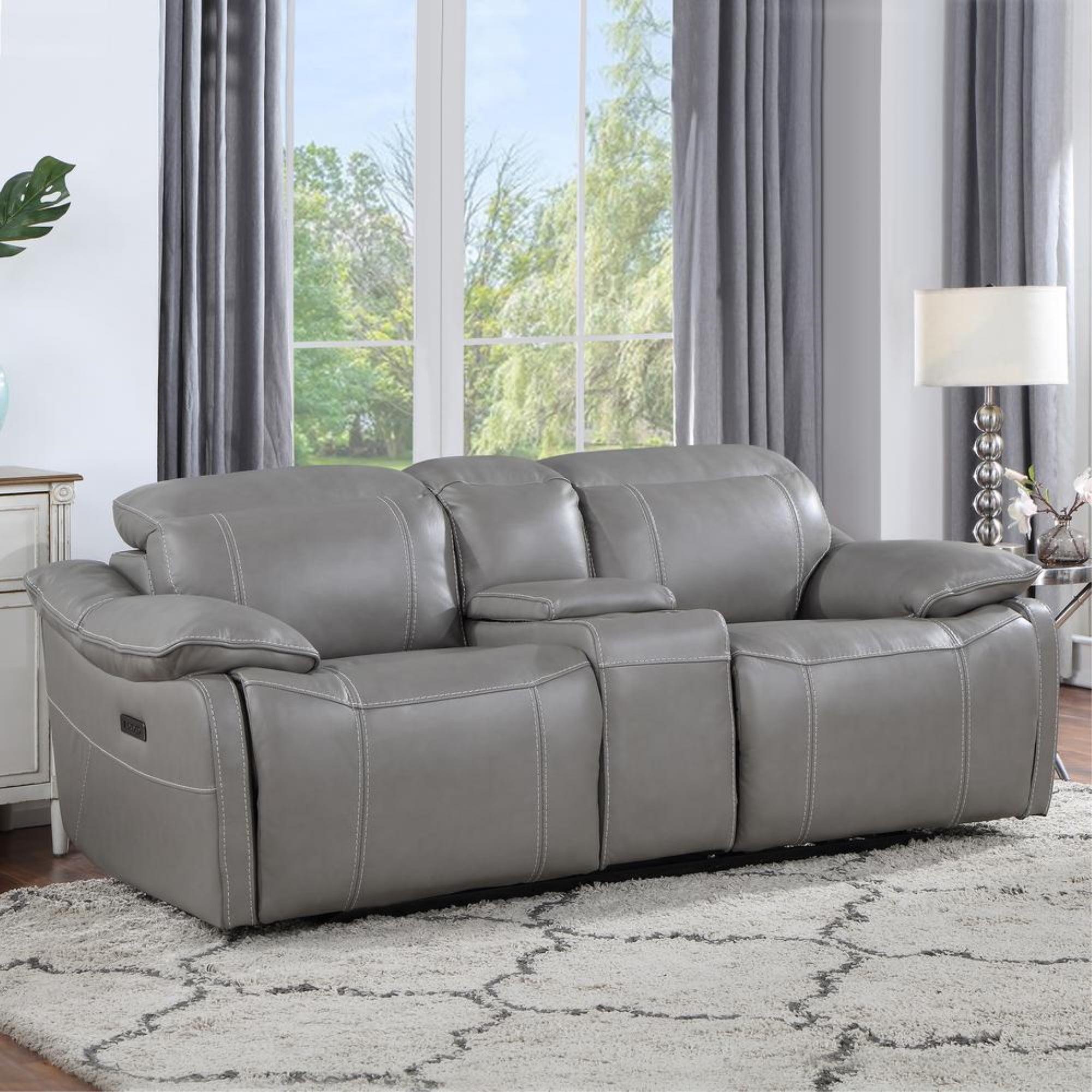 Gray Faux Leather Power Reclining Loveseat with Storage and Cup Holder