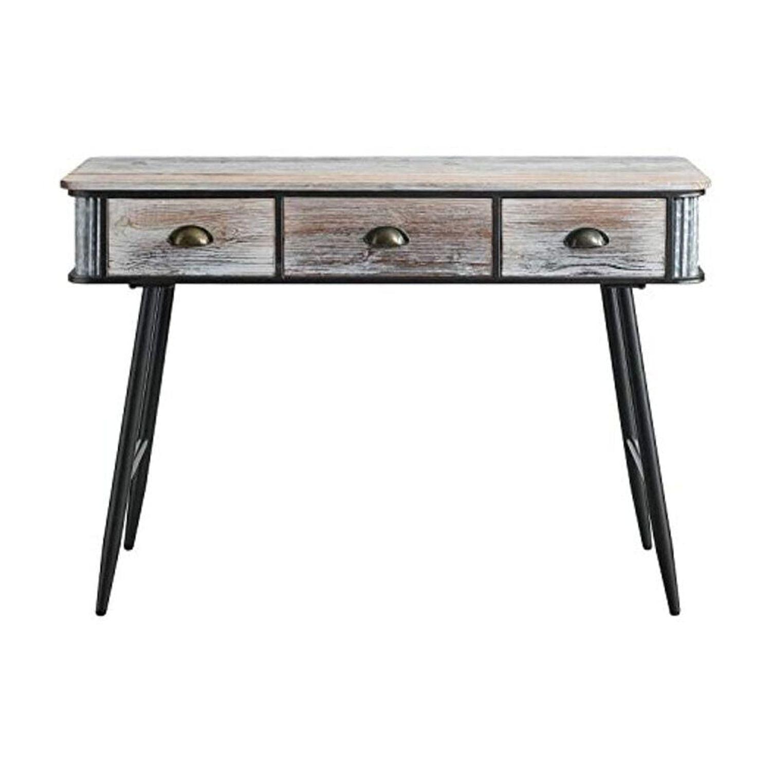 Washed Fir Wood and Black Metal 3-Drawer Desk/Table with Whitewash Finish