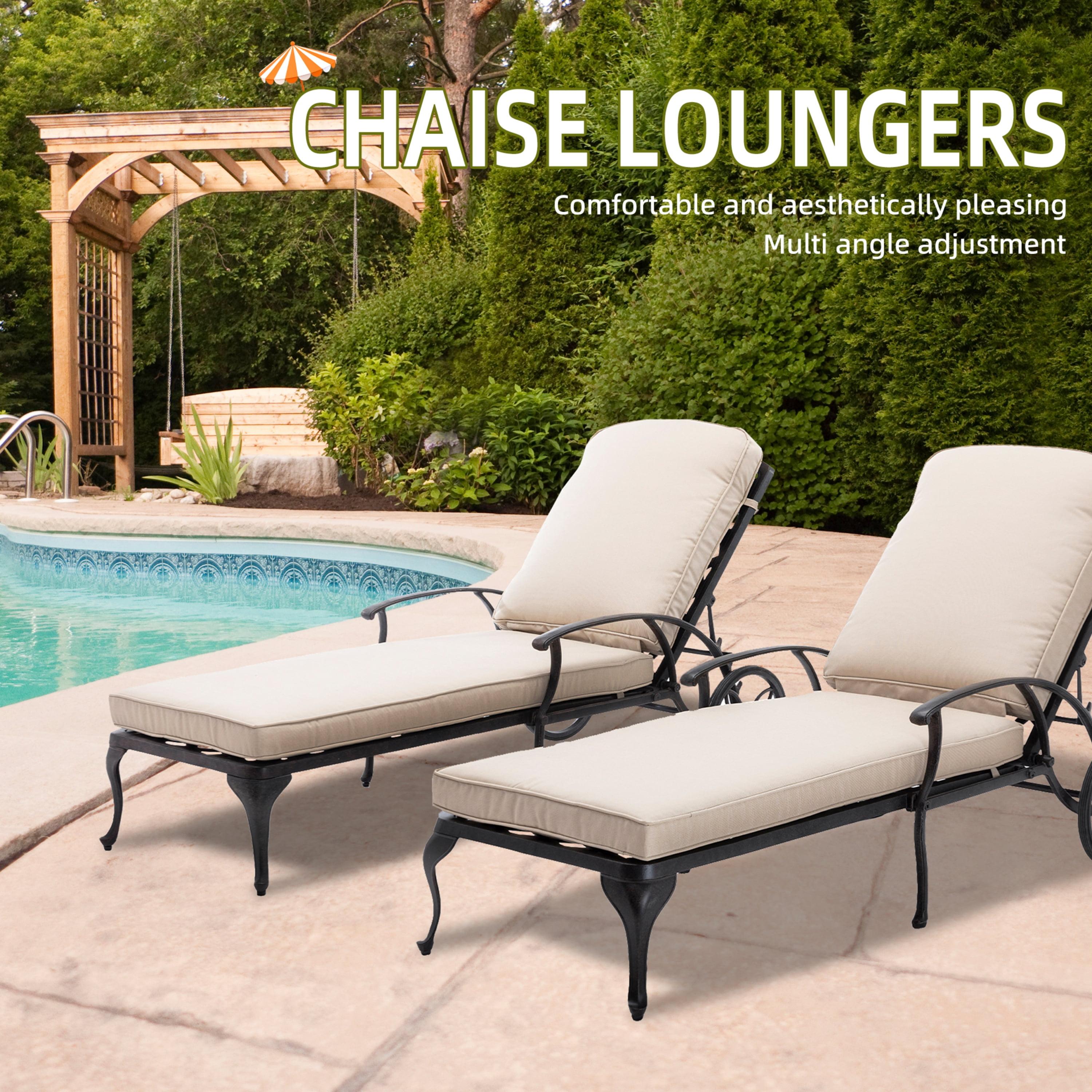 Outdoor Chaise Lounge Chairs, Pool Lounge Chairs with Cushion Cast Aluminum Patio Lounger with Wheels and Adjustable Reclining