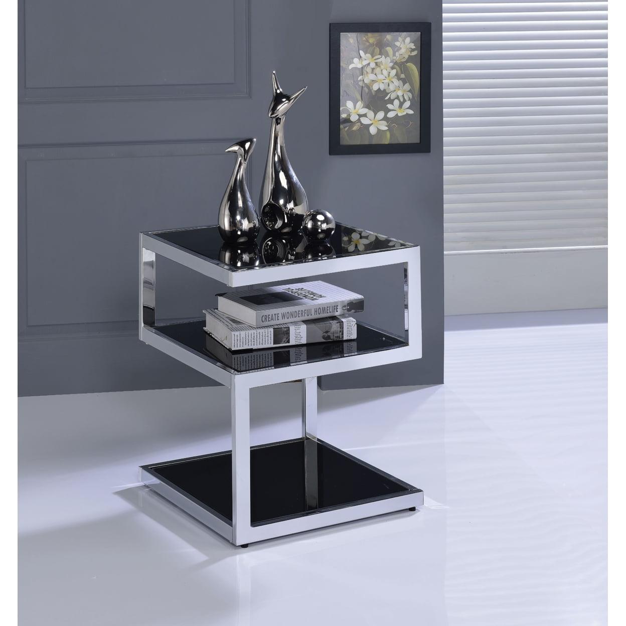 Chic Black Glass & Chrome Metal 3-Tier Side Table