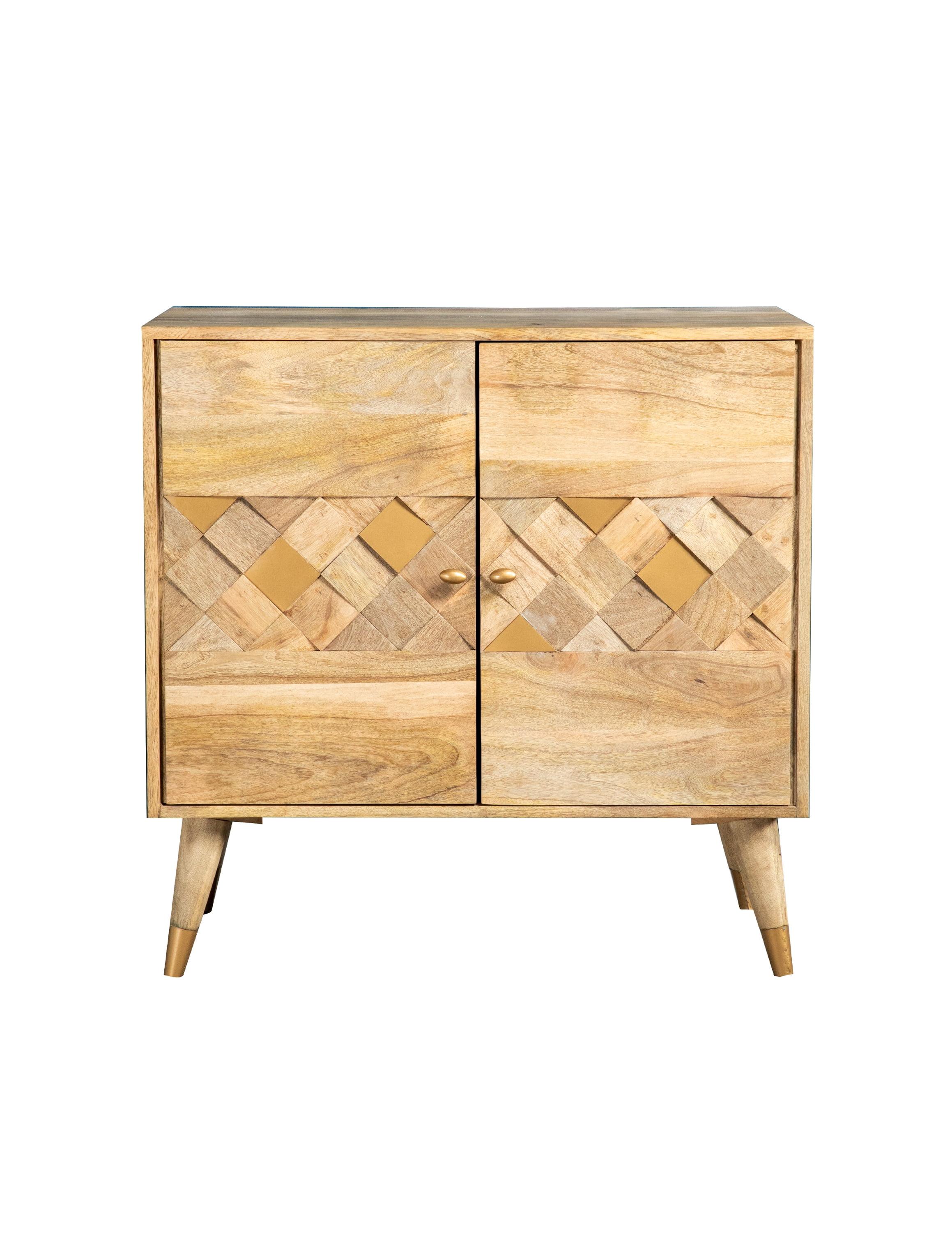 Natural Mango Wood Checkered Pattern 2-Door Accent Cabinet