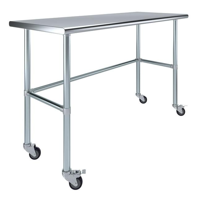 AmGood 60" Long x 24" Deep Stainless Steel Work Table With Open Base and Wheels | Mobile Metal Table