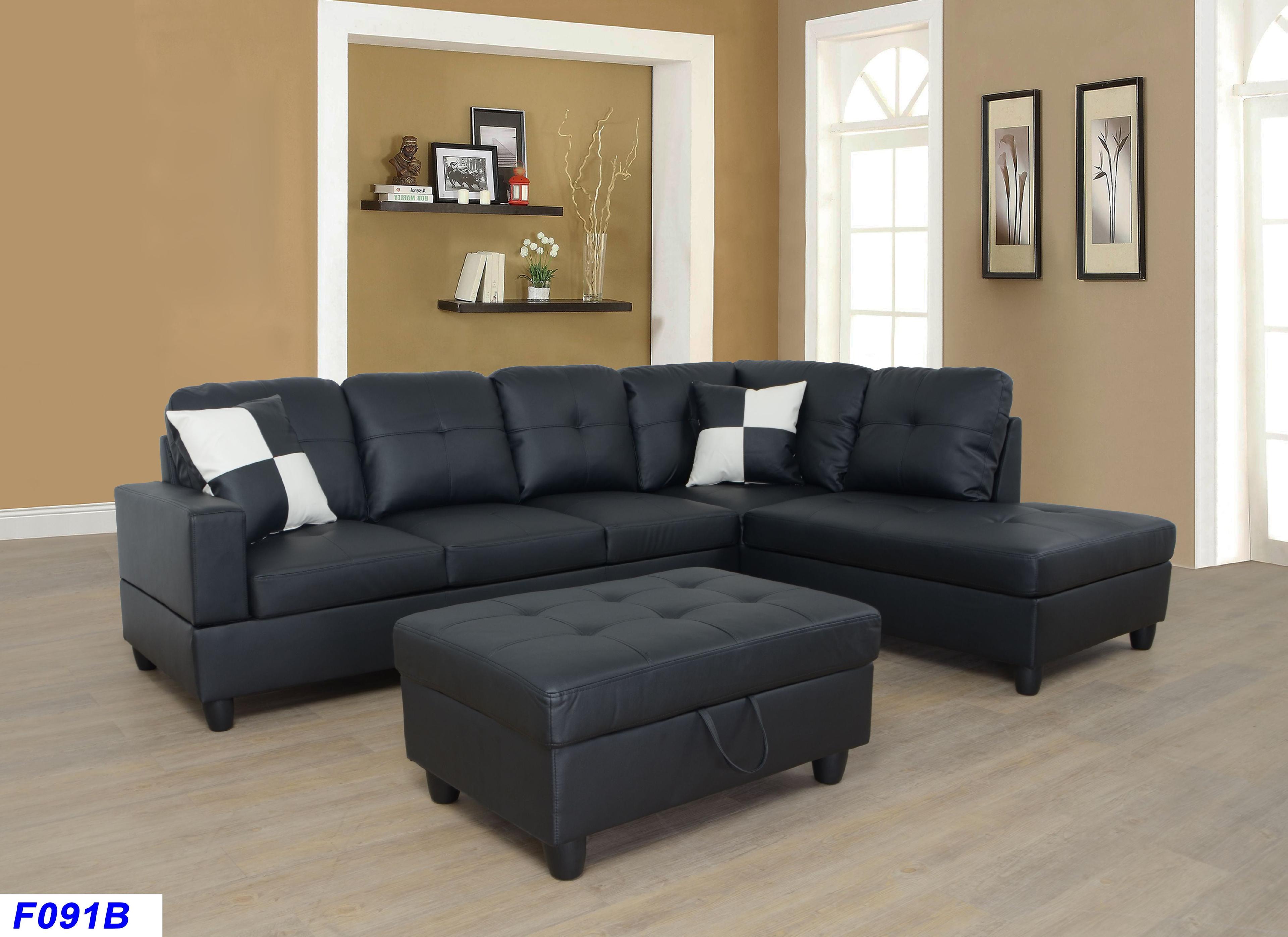 Black Tufted Faux Leather 3-Piece Sectional Sofa with Storage Ottoman