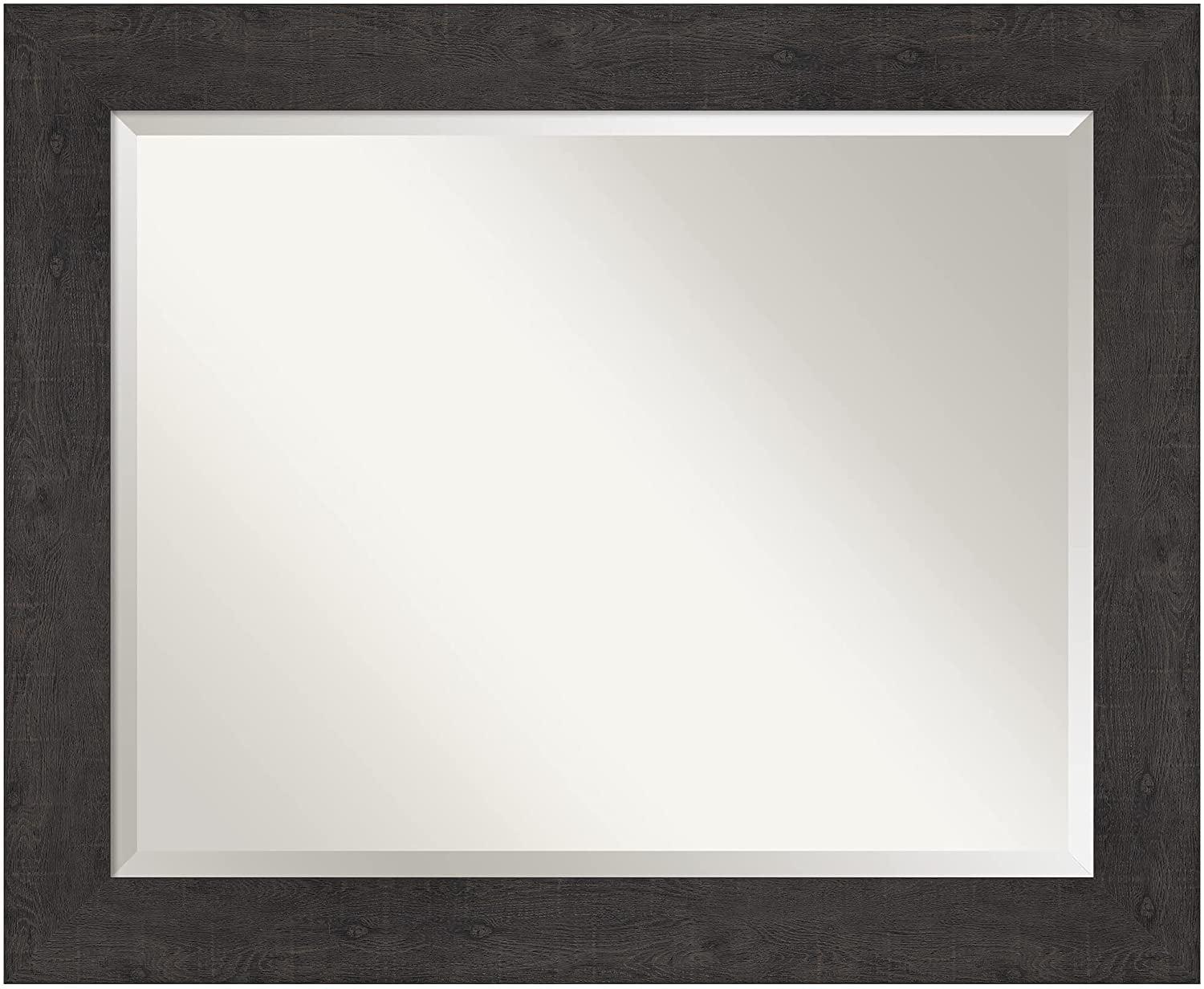 Amanti Art Beveled Bathroom Wall Mirror - Rustic Plank Espresso Frame Outer Size: 33 x 27 in